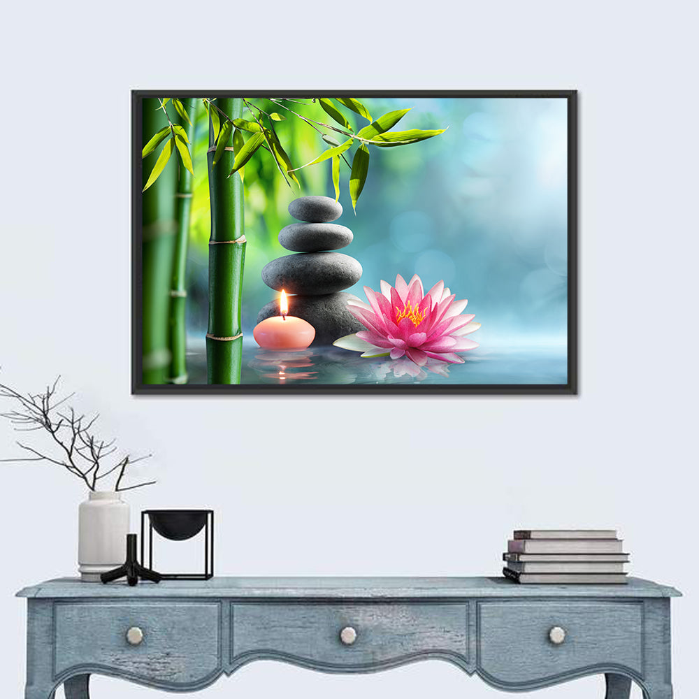 Zen Massage Stones with Waterlily Wall Art in a room, landscape