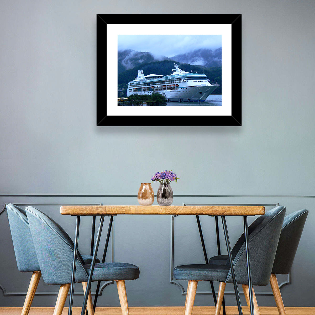 Misty Docked Cruise Ship Wall Art in a room, landscape