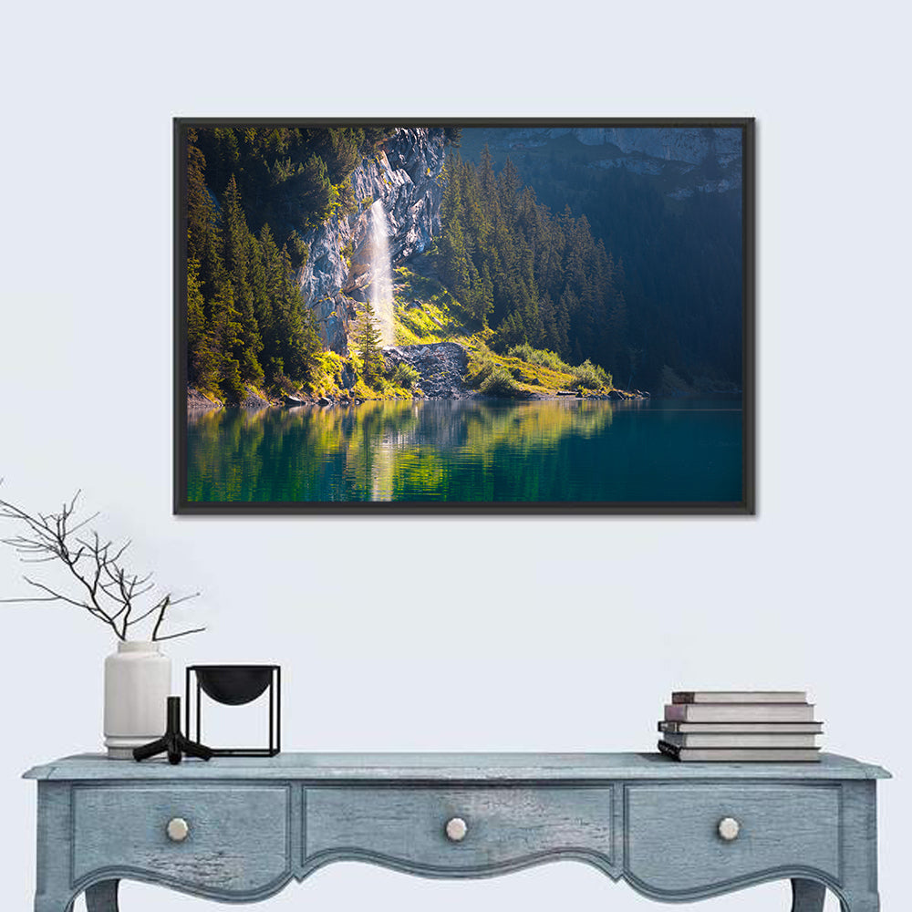Lake Oeschinen Waterfall Reflection Wall Art in a room, landscape
