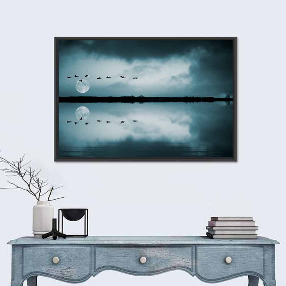 Moonlit Flock Over Lake Wall Art in a room, landscape