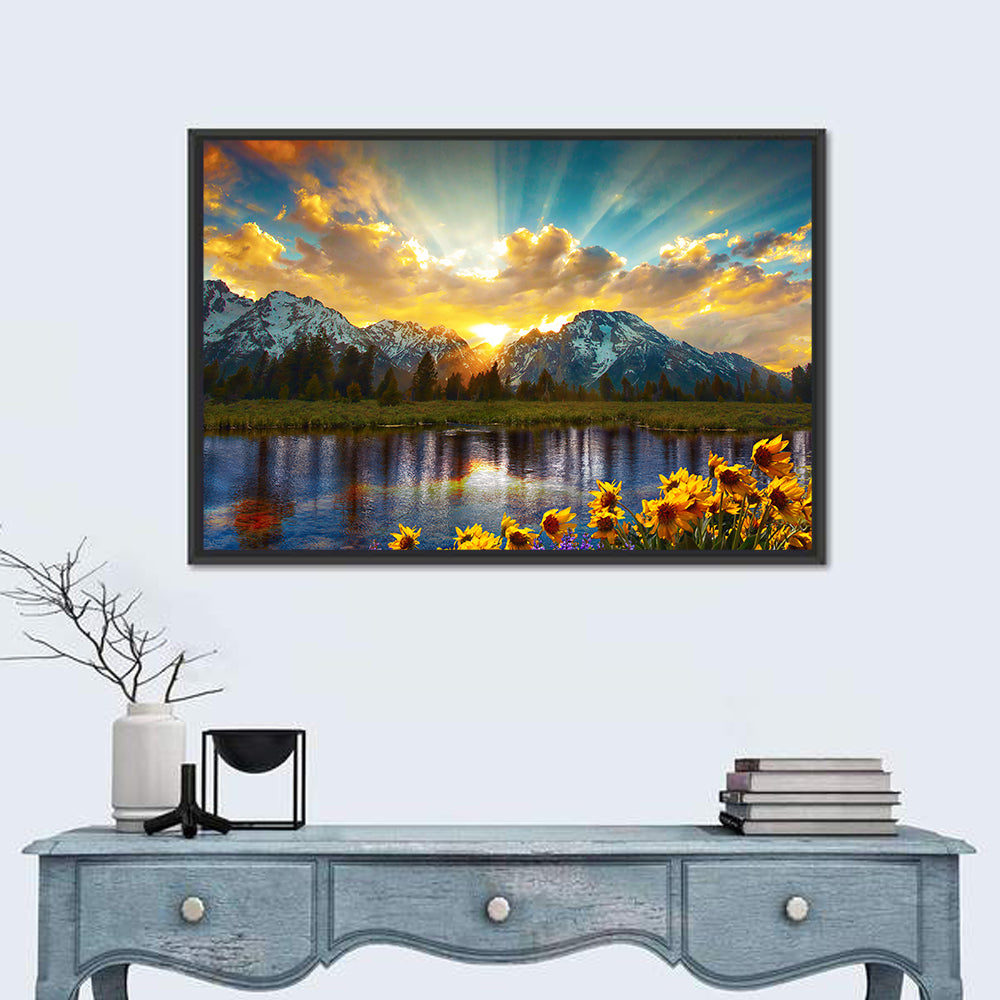 Grand Teton Sunrise Reflection Wall Art in a room, landscape