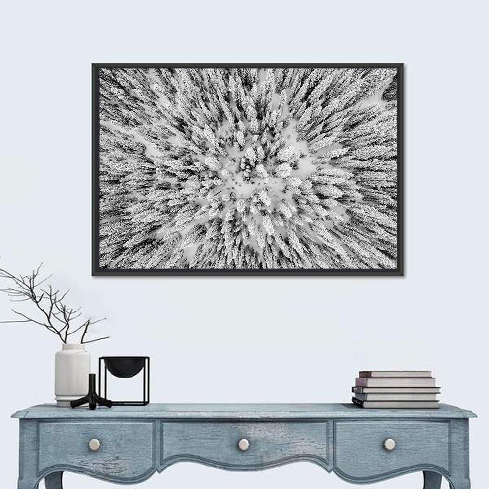 Snowy Aerial Forest Wall Art in a room, landscape