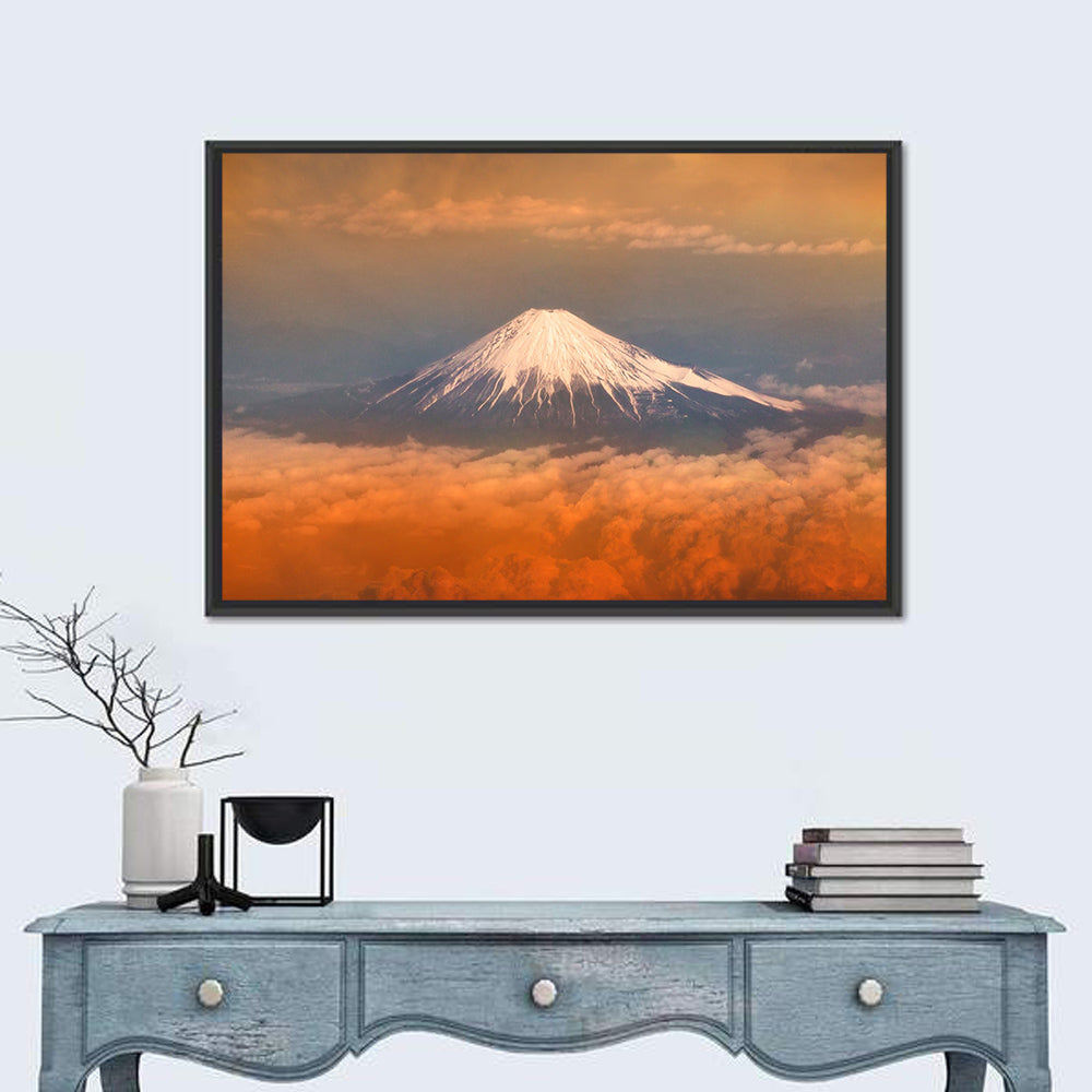 Snow-capped Mount Fuji at Sunset Wall Art in a room, landscape