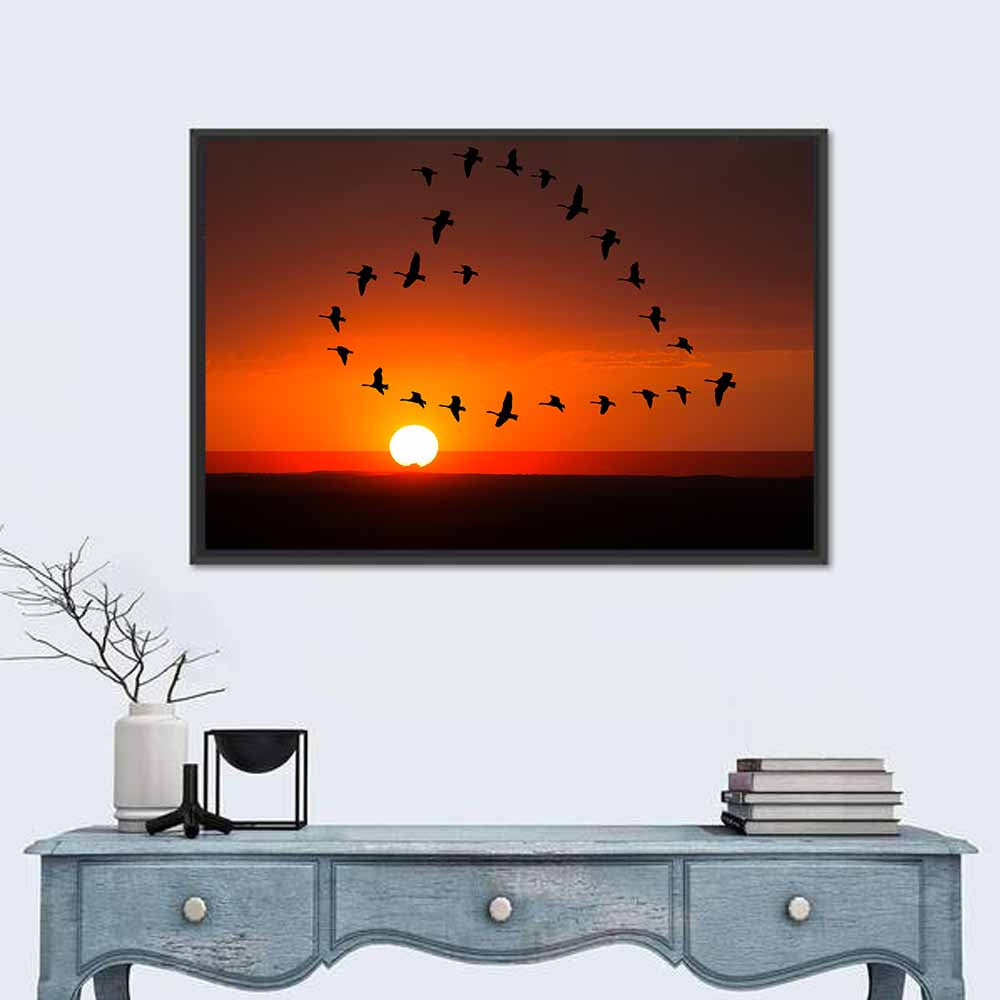 Heart-shaped Flock of Birds Wall Art in a room, landscape