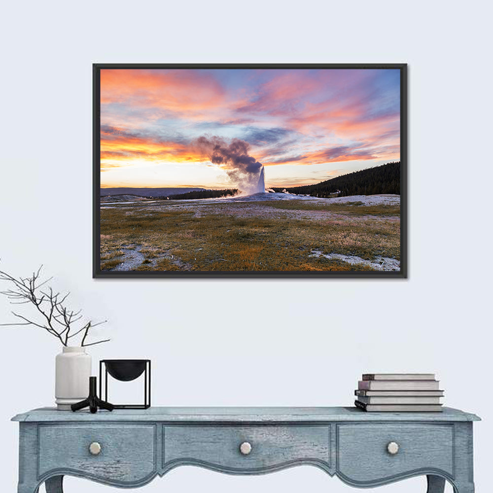 Old Faithful Erupting at Sunset Wall Art in a room, landscape