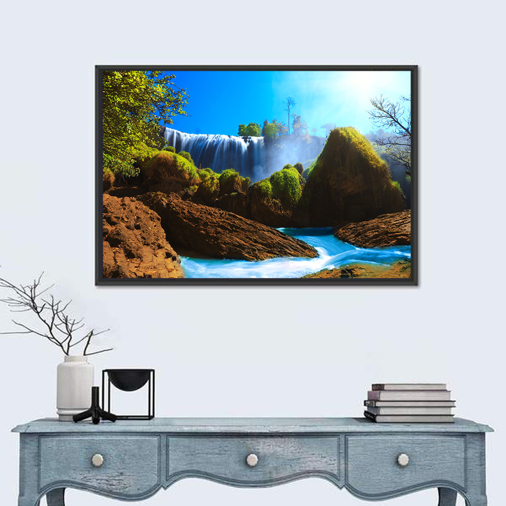 Sunlit Turquoise Waterfall Wall Art in a room, landscape