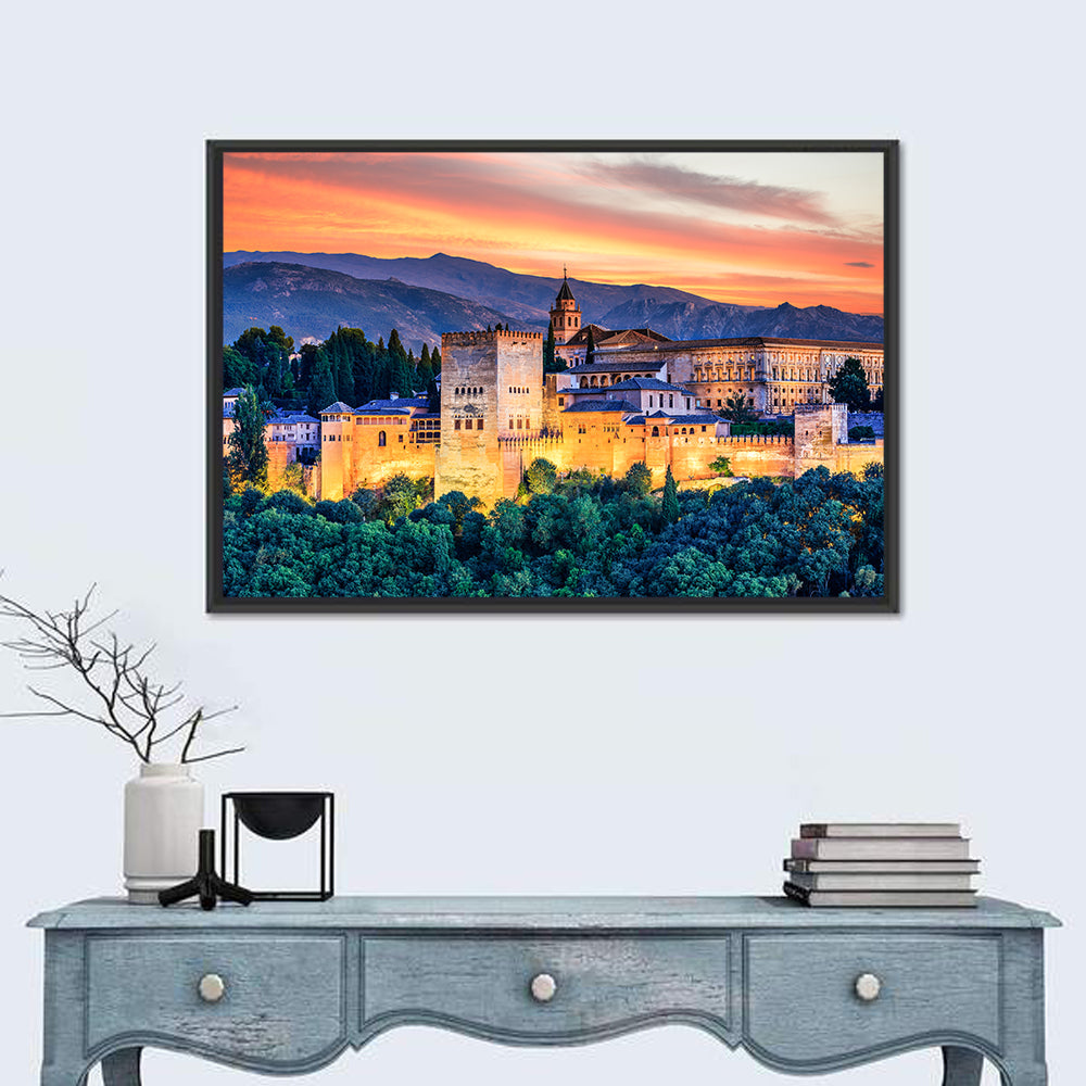 Alhambra Fortress at Golden Sunset Wall Art in a room, landscape