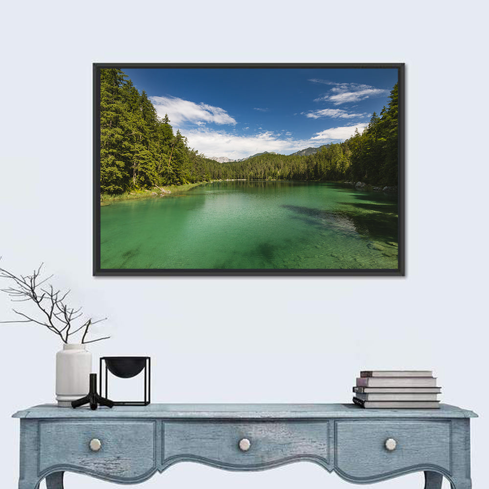Lake Eibsee Reflections Wall Art in a room, landscape