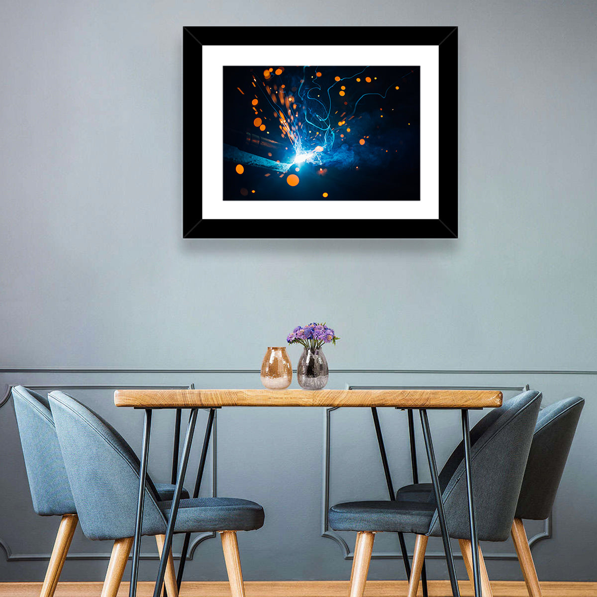 Bright Blue Welding Sparks Wall Art in a room, landscape