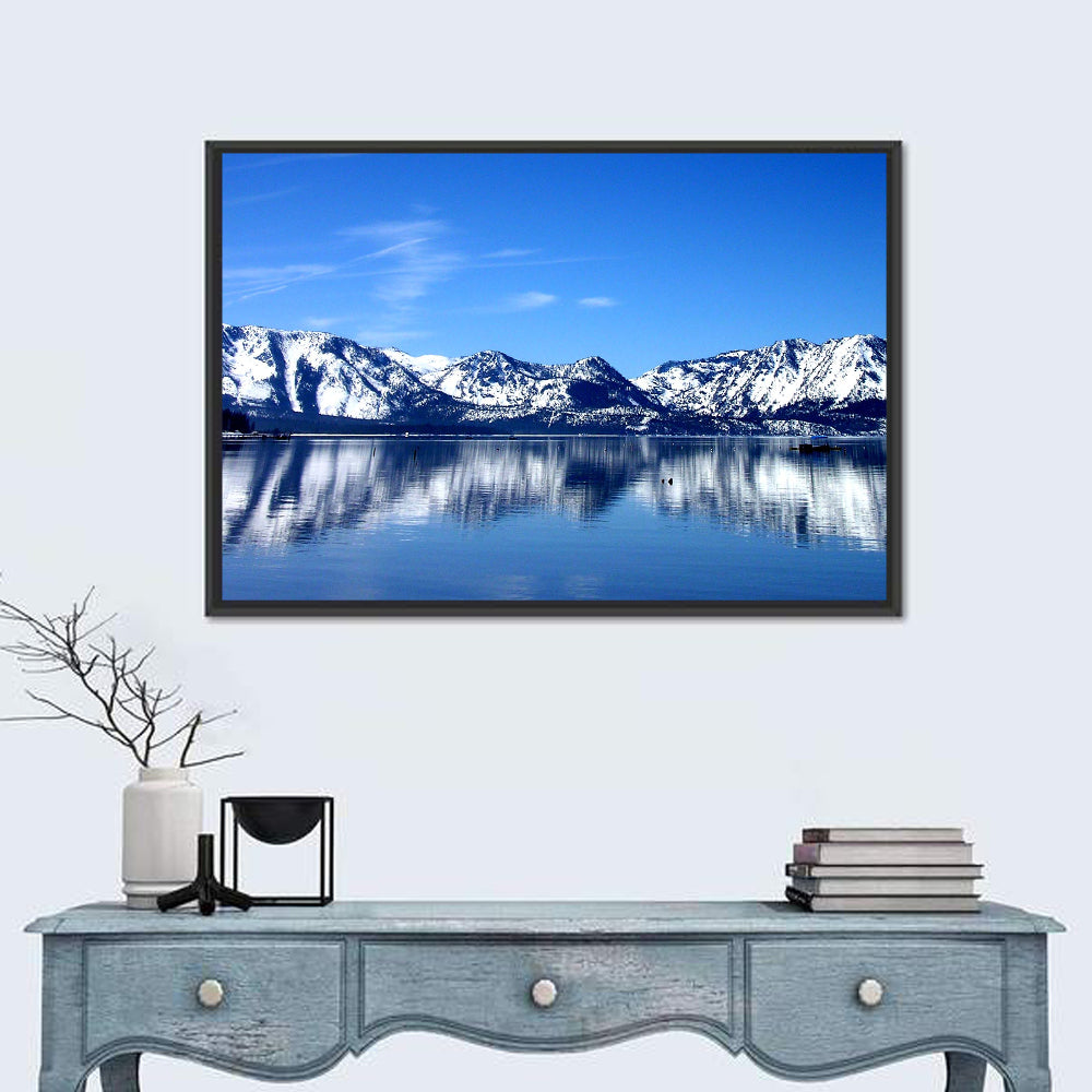 Lake Tahoe Mountain Reflection Wall Art in a room, landscape