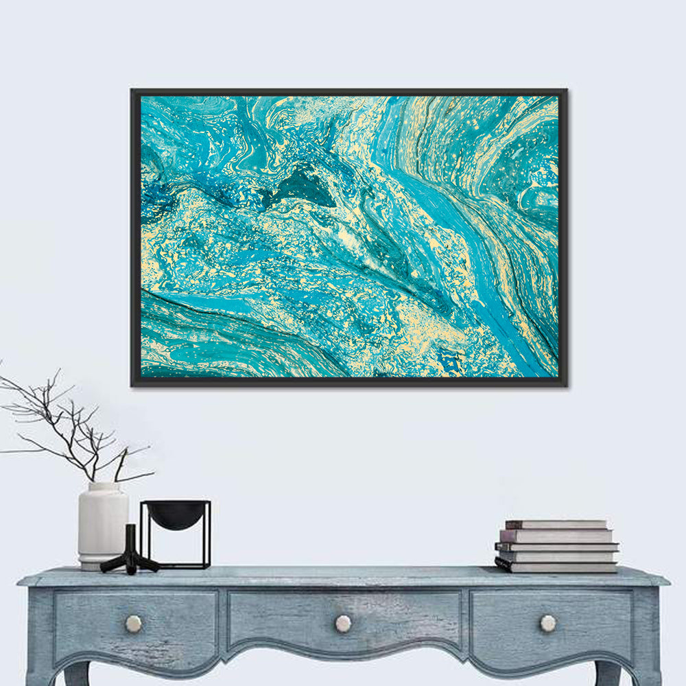 Teal Marble Swirls Abstract Wall Art in a room, landscape