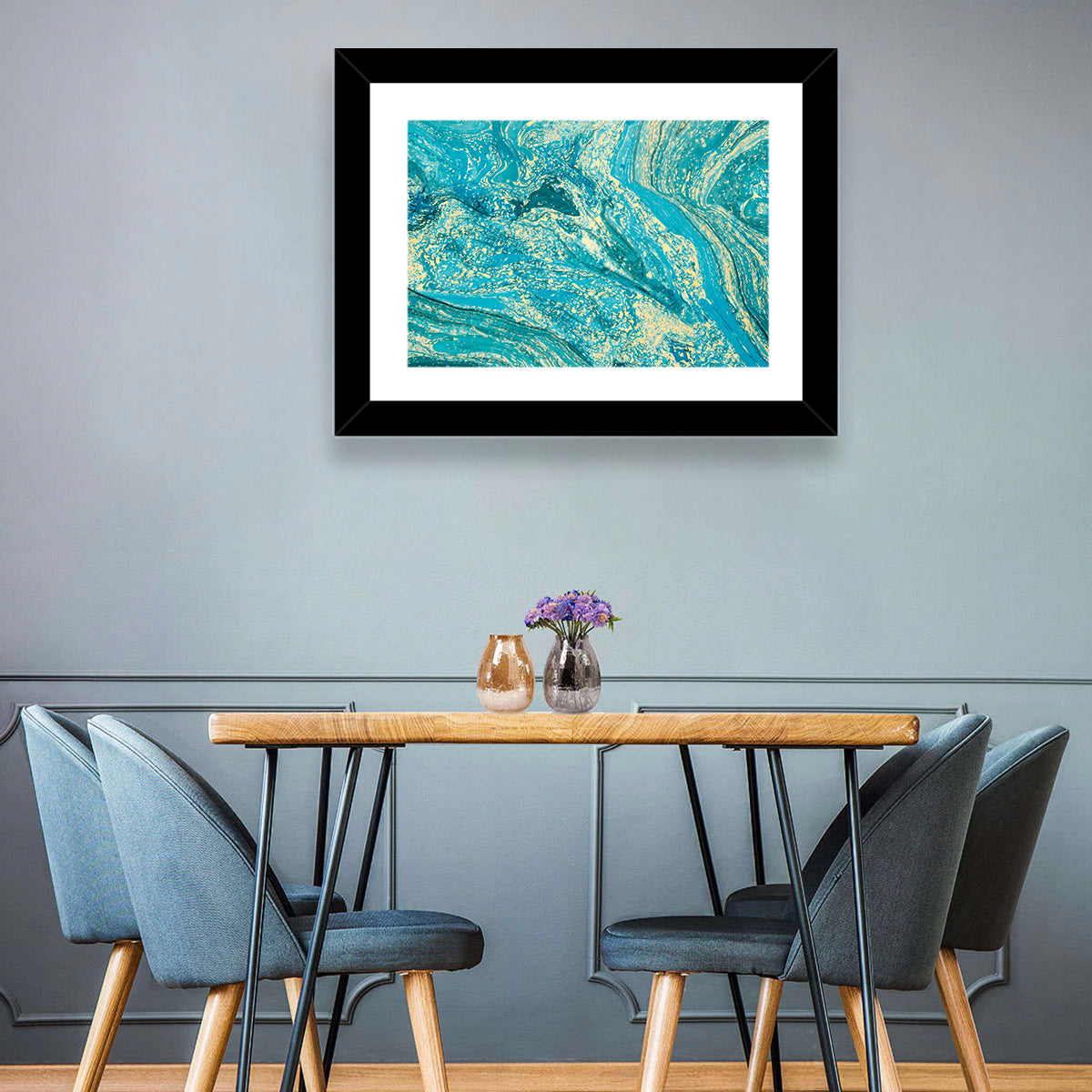 Teal Marble Swirls Abstract Wall Art in a room, landscape