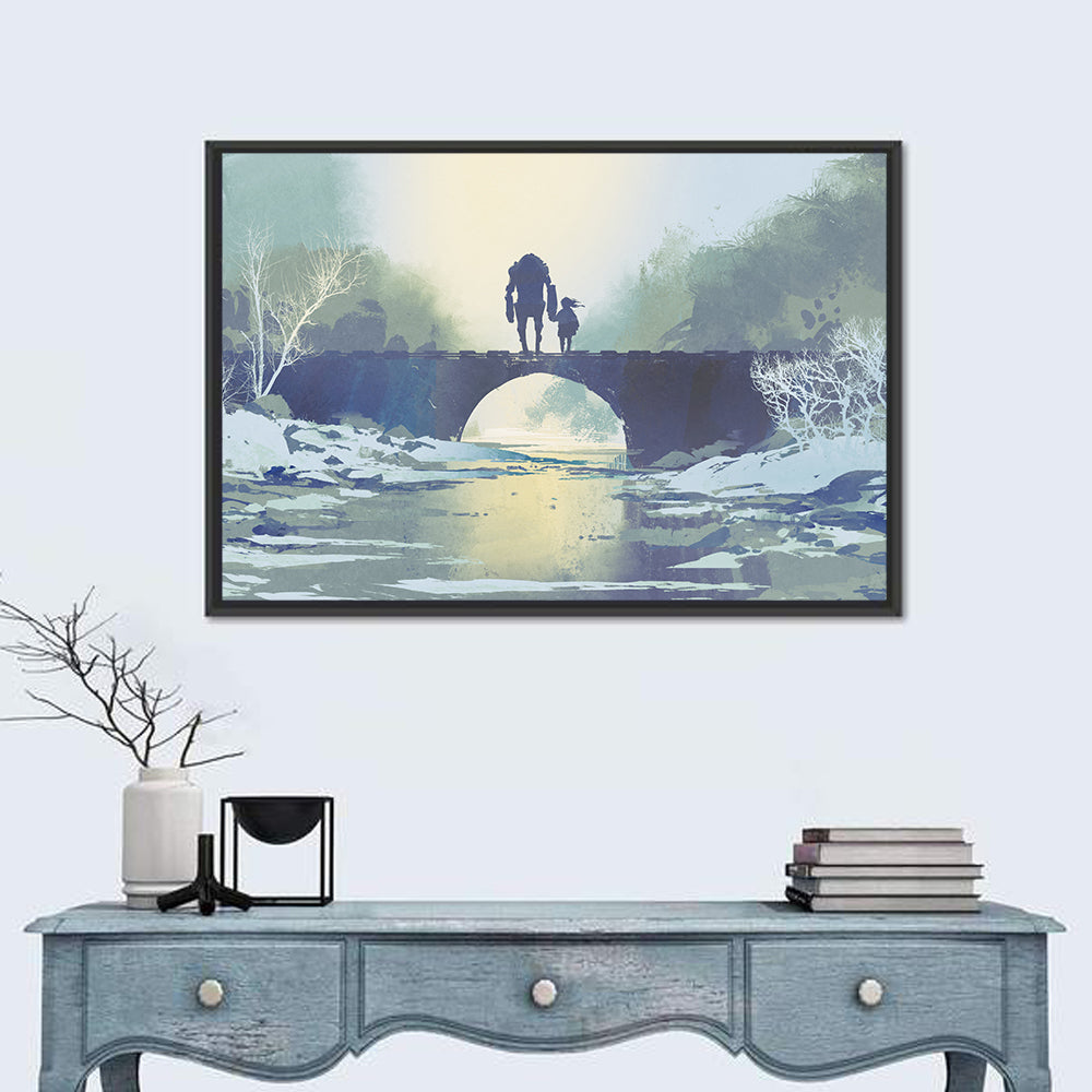 Robot and Little Girl on Bridge Wall Art
