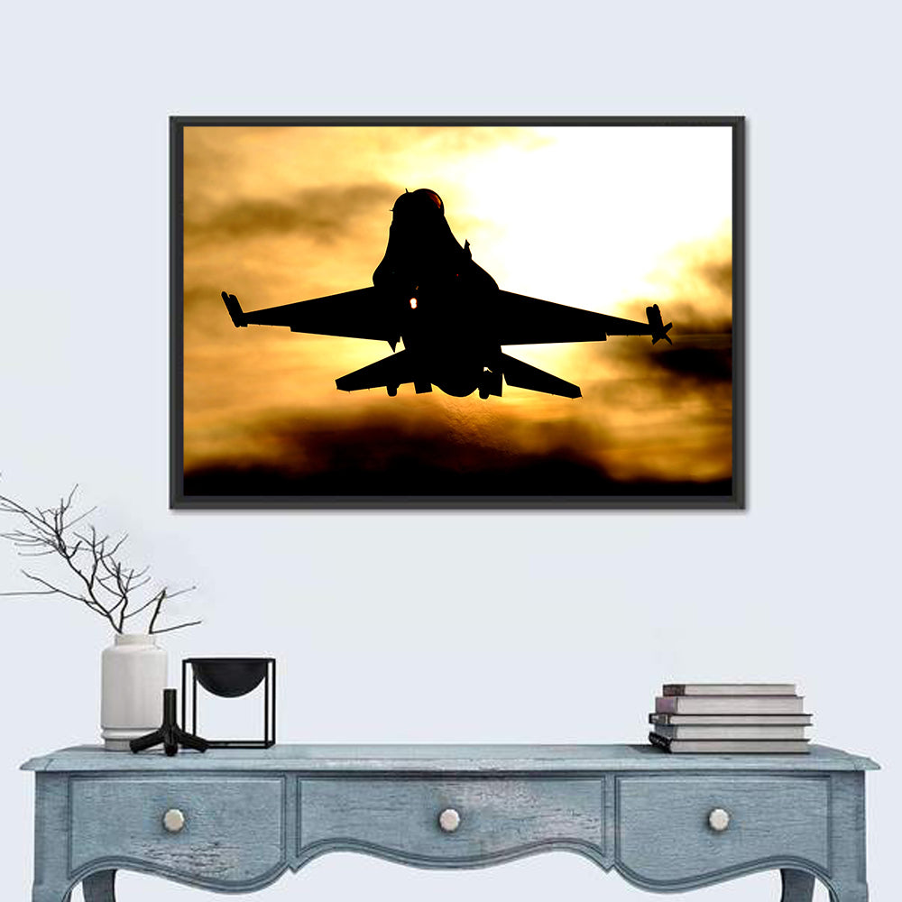 F-16 Sunset Silhouette Wall Art in a room, landscape