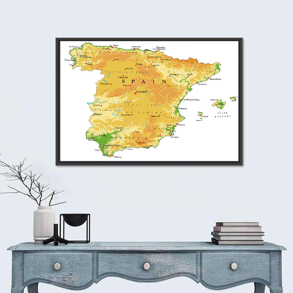 Spain Topographic Relief Map Wall Art in a room, landscape