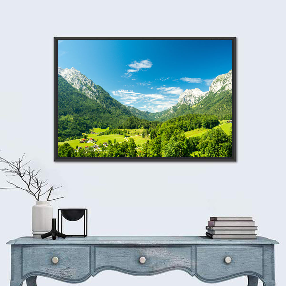 Bavarian Alpine Valley Wall Art in a room, landscape