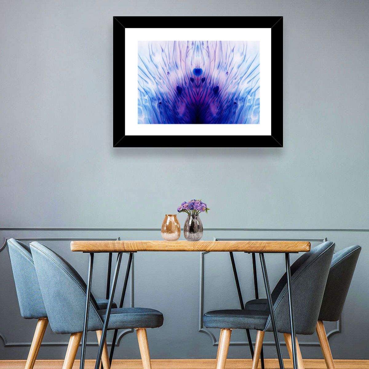 Mirrored Ink Splotch Abstract Wall Art in a room, landscape