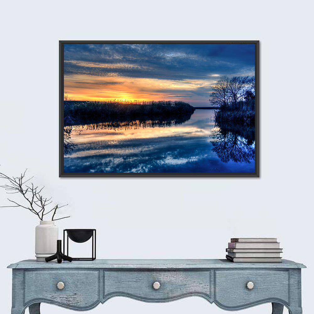 Louisiana Bayou Sunset Wall Art in a room, landscape