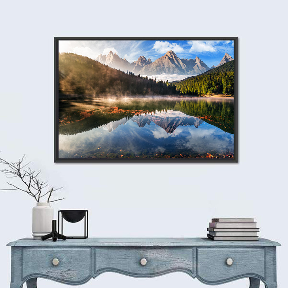 Morning Mist Mountain Lake Wall Art in a room, landscape