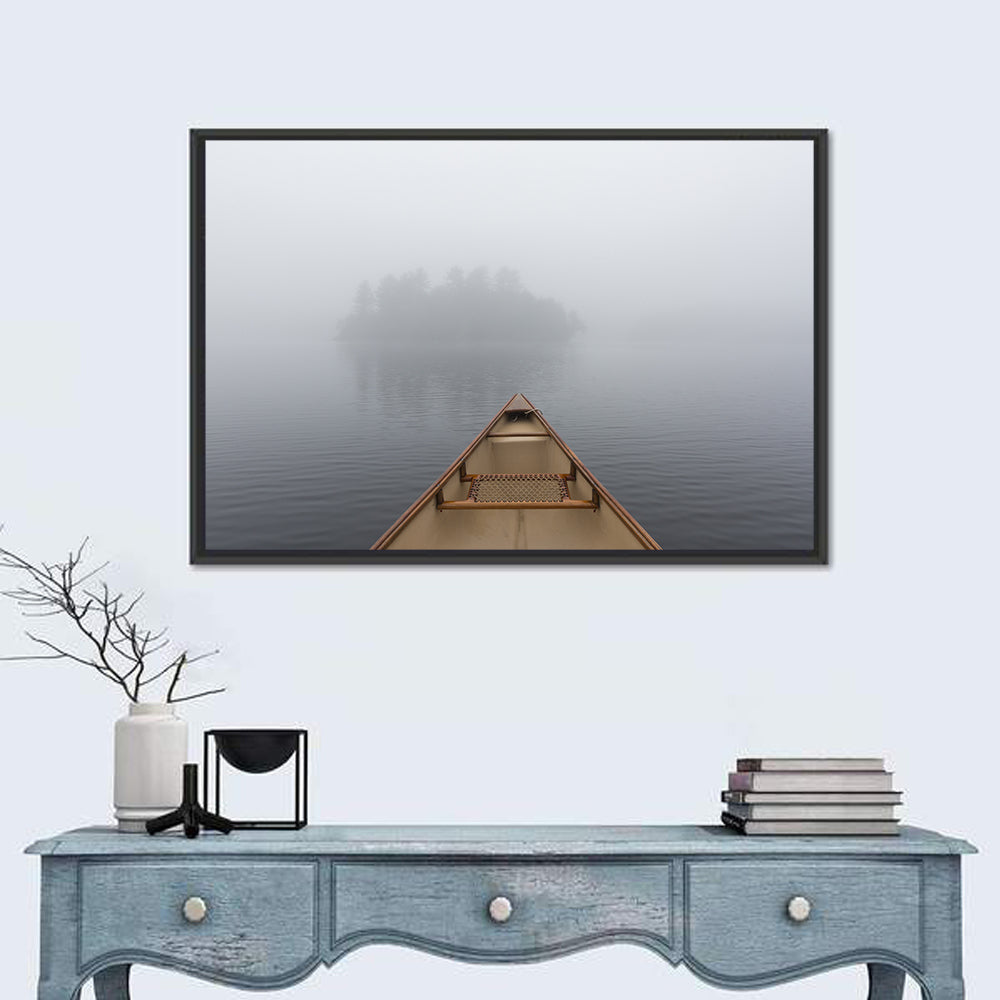 Canoe on Misty Ontario Lake Wall Art in a room, landscape