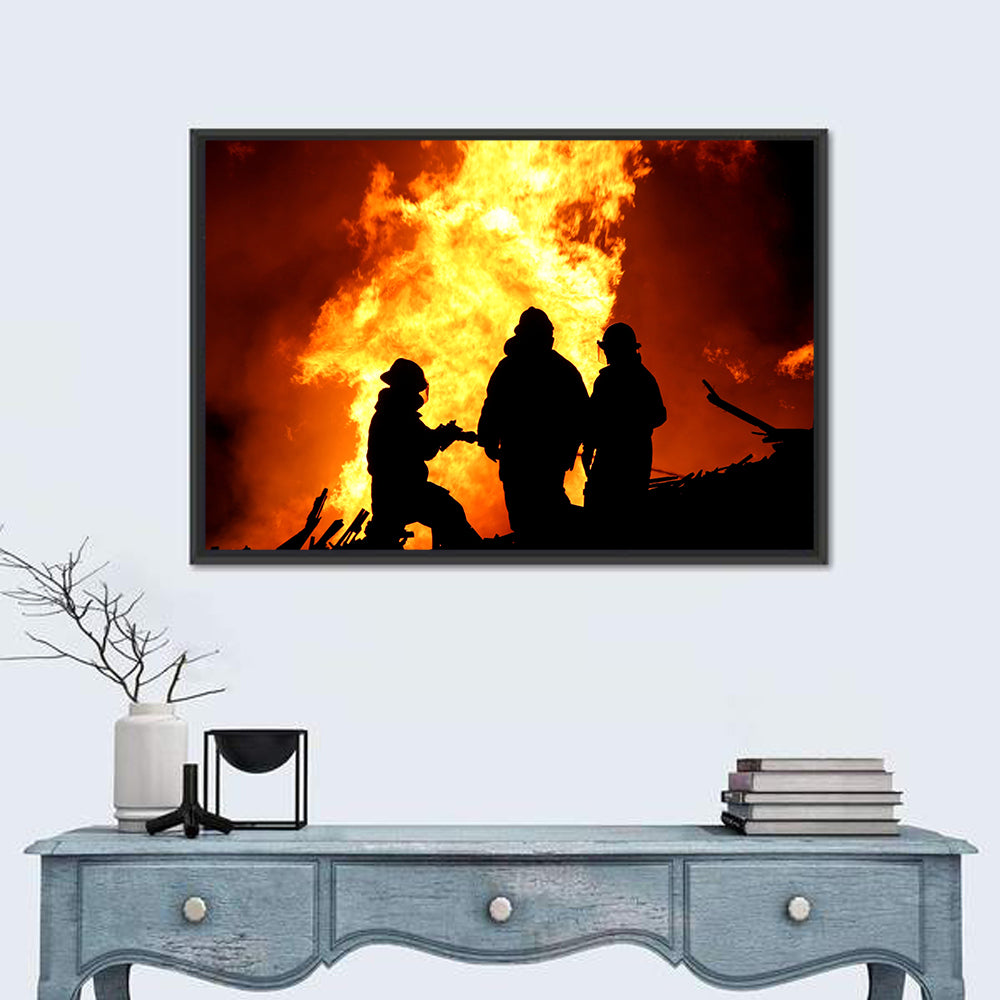 Firefighters Silhouetted Against Flames Wall Art in a room, landscape