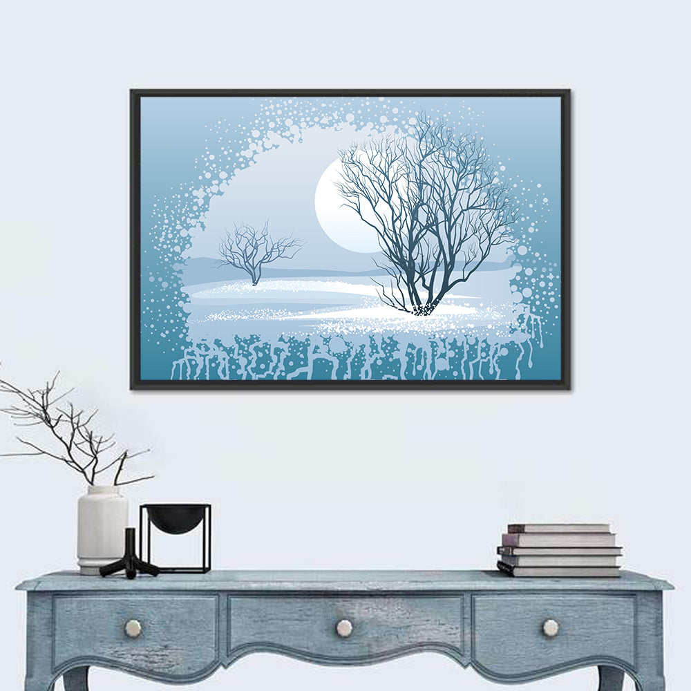 Moonlit Winter Tree Illustration Wall Art in a room, landscape