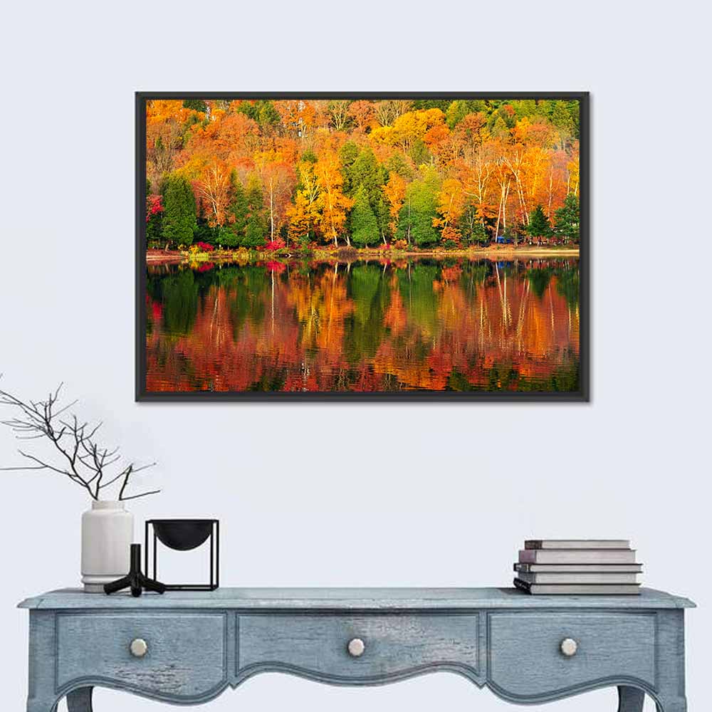 Autumn Forest Reflection Wall Art in a room, landscape