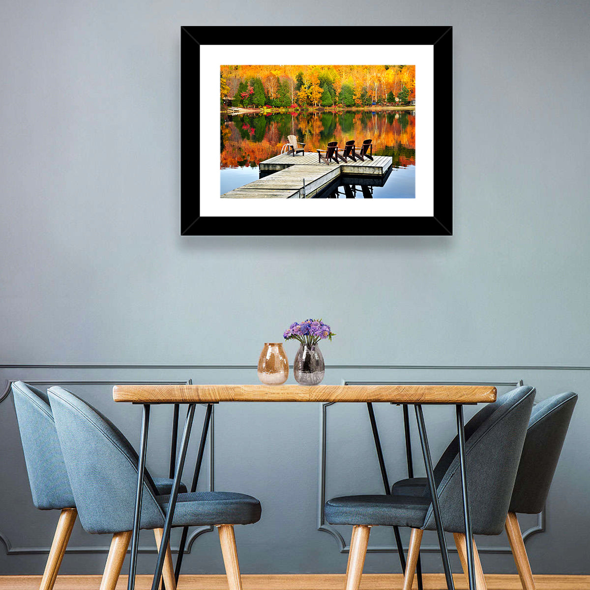 Autumn Lake Dock with Adirondack Chairs Wall Art in a room, landscape