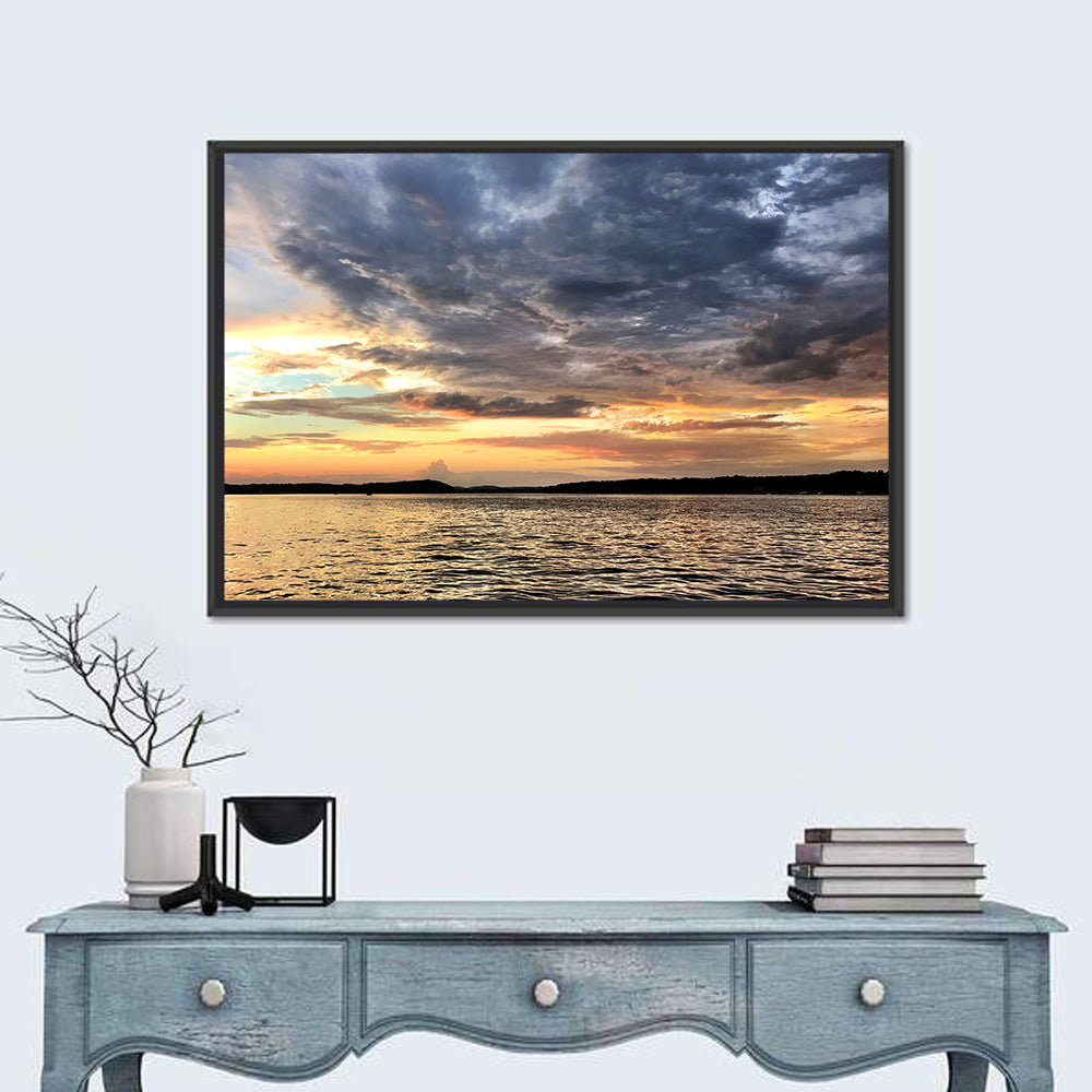 Lake Tillery Sunset Wall Art in a room, landscape