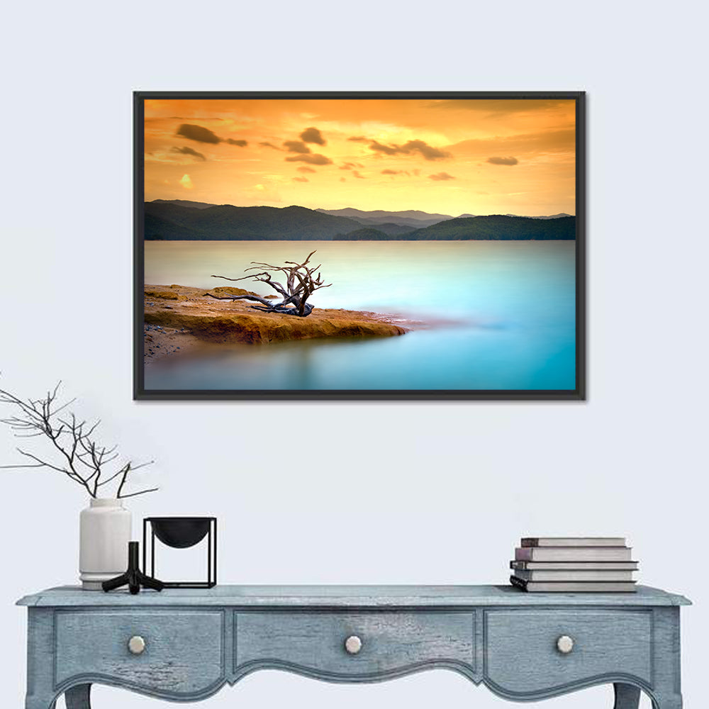 Gnarled Driftwood at Turquoise Lake Wall Art in a room, landscape