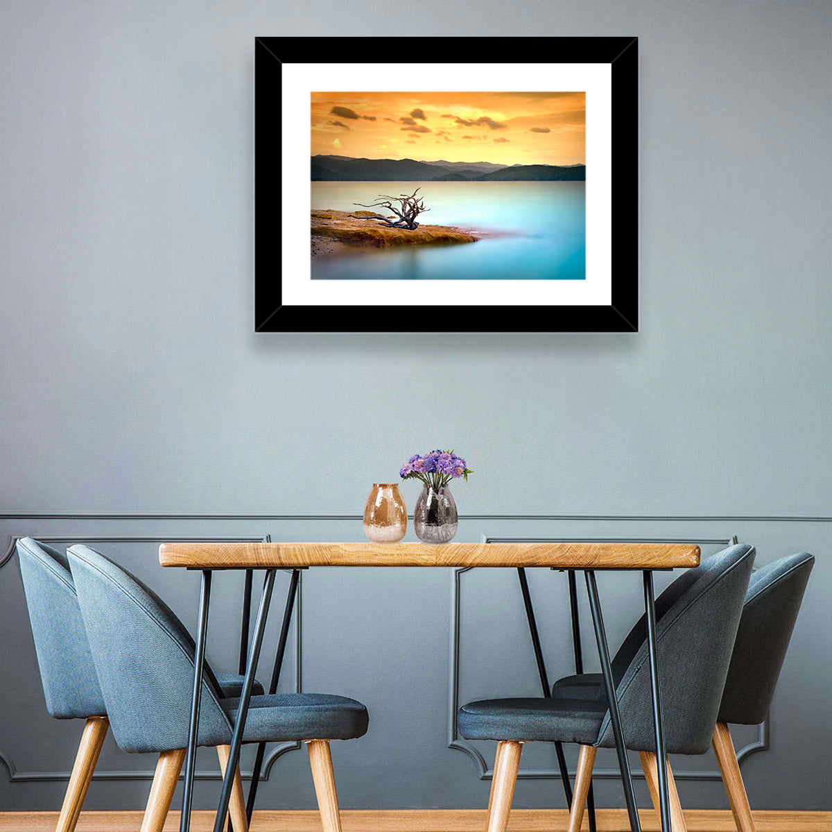 Gnarled Driftwood at Turquoise Lake Wall Art in a room, landscape