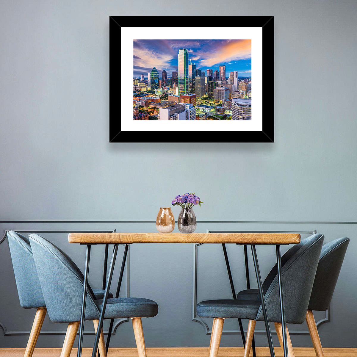 Dallas Twilight Skyline Wall Art in a room, landscape