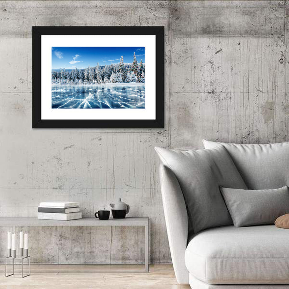 Cracked Ice Lake with Snowy Pines Wall Art in a room, landscape