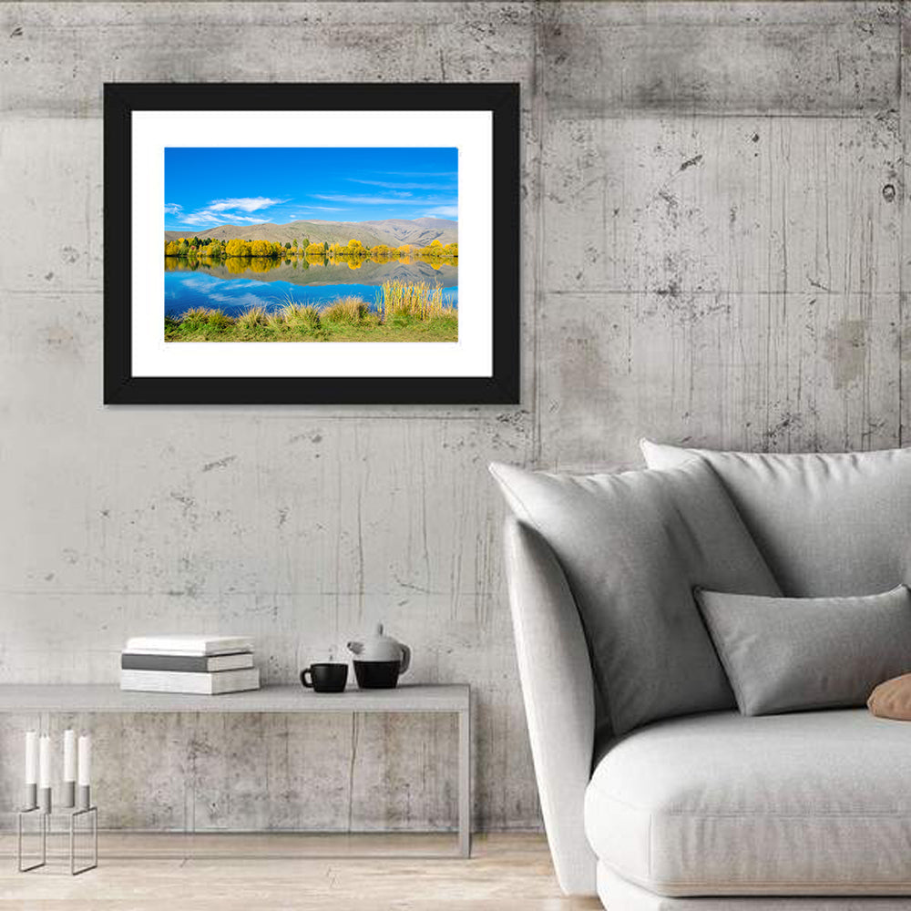 Ruataniwha Autumn Reflection Wall Art in a room, landscape