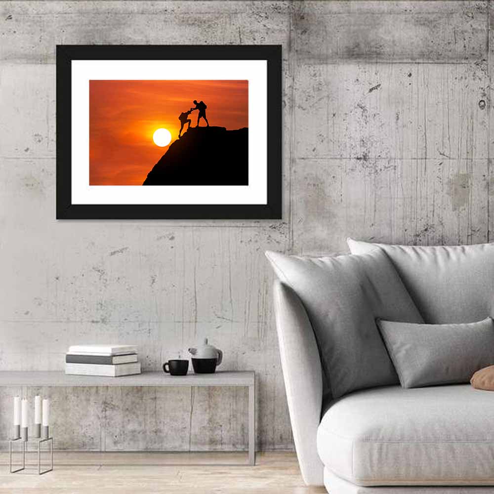 Mountaineer Silhouette at Sunset Wall Art in a room, landscape