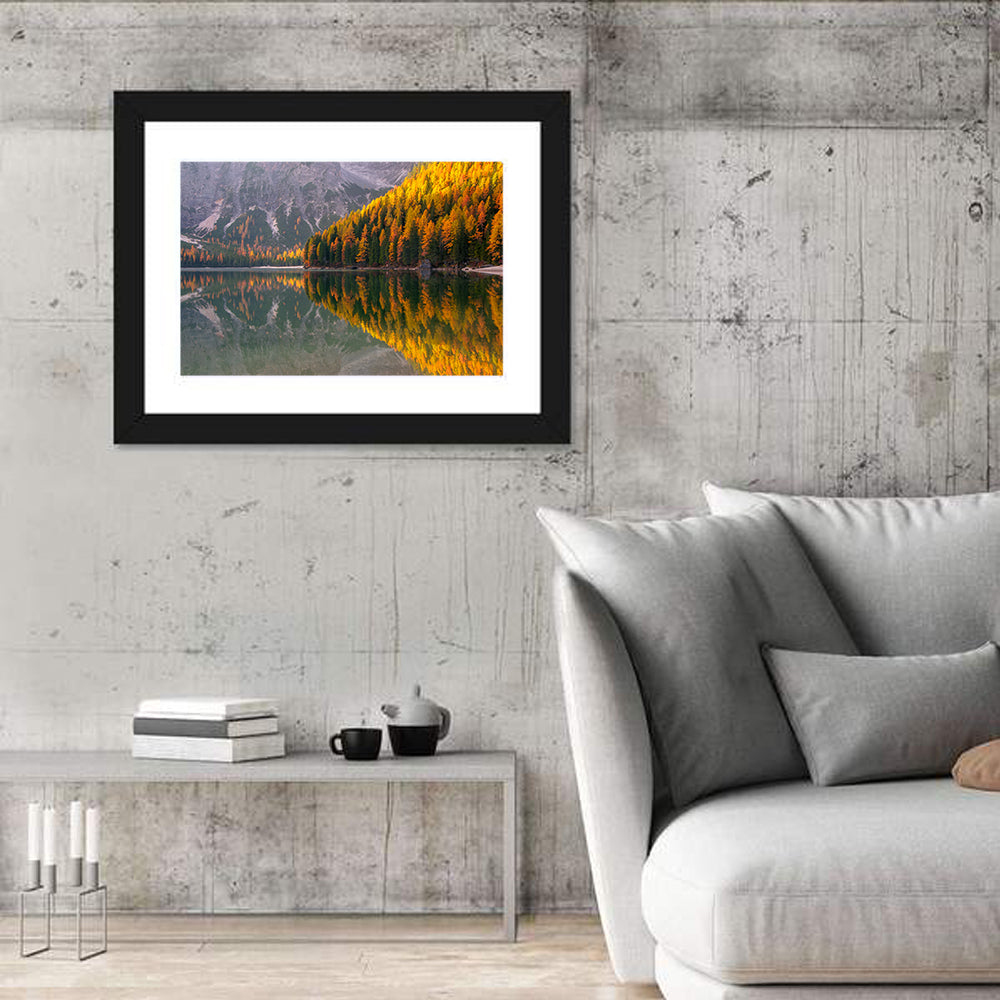 Braies Lake Golden Reflection Wall Art in a room, landscape