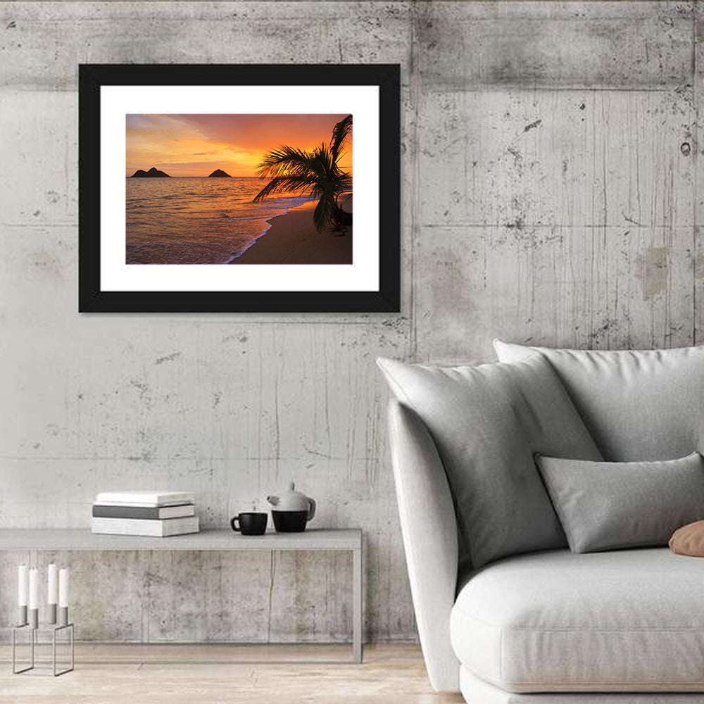 Lanikai Sunrise Over Na Mokulua Wall Art in a room, landscape