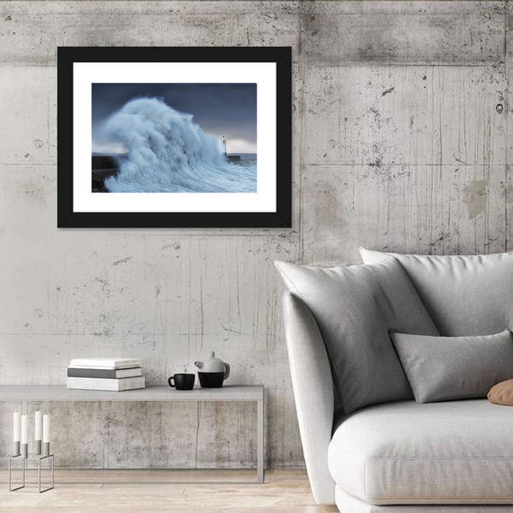 Lighthouse in a Sea Storm Wall Art in a room, landscape
