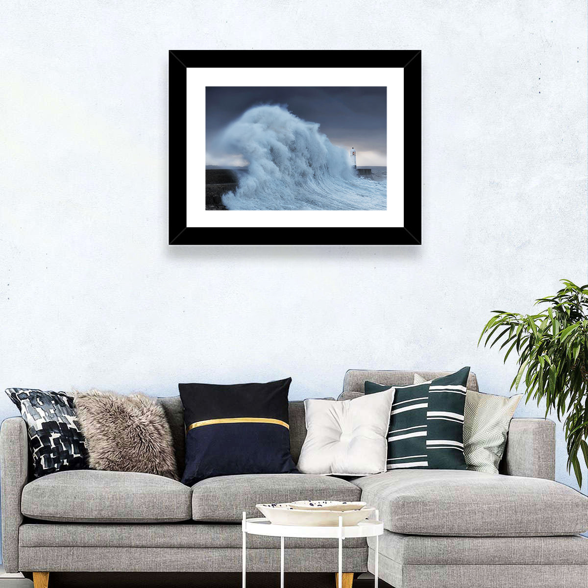 Lighthouse in a Sea Storm Wall Art in a room, landscape