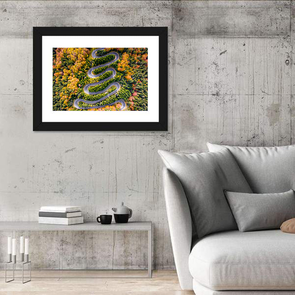 Autumn Winding Forest Road Wall Art in a room, landscape