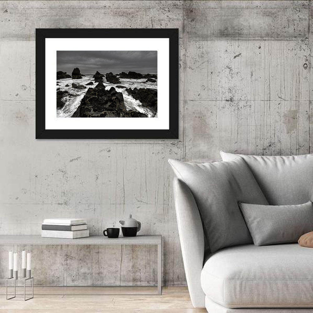 Moody Black and White Rocky Coast Waves Wall Art