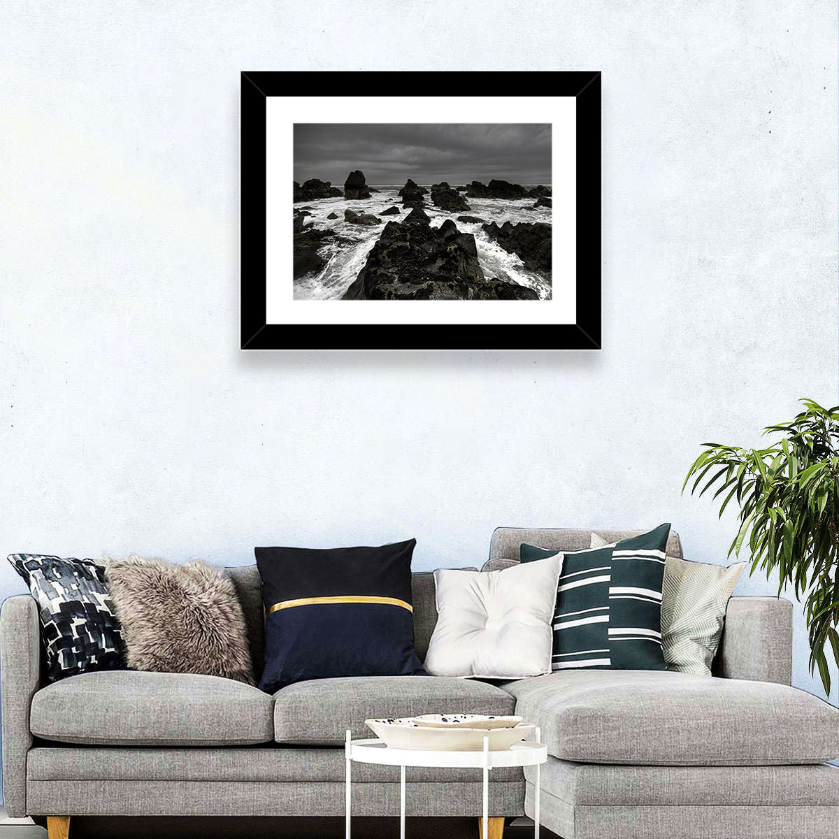 Moody Black and White Rocky Coast Waves Wall Art