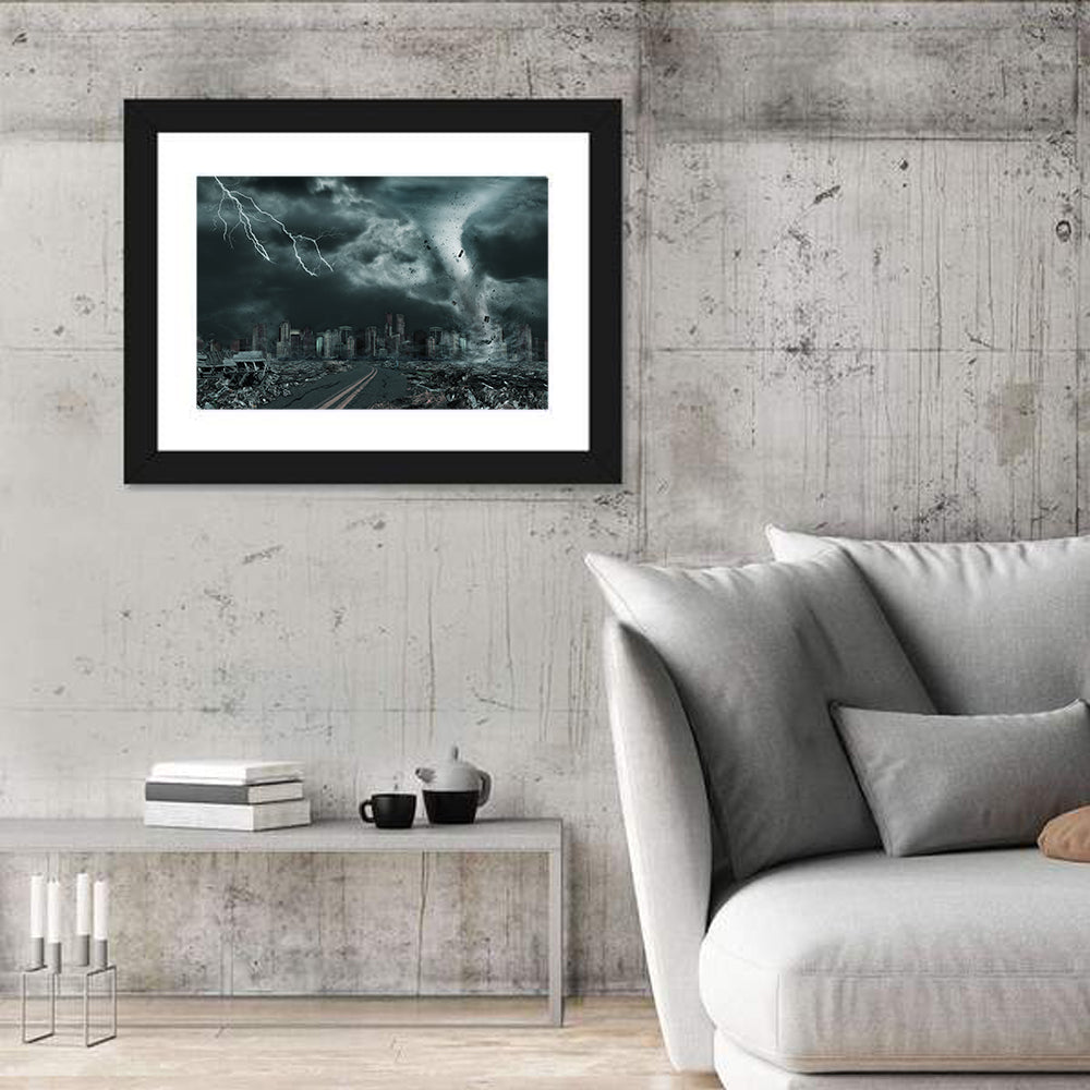 Tornado Over Destroyed City Skyline Wall Art