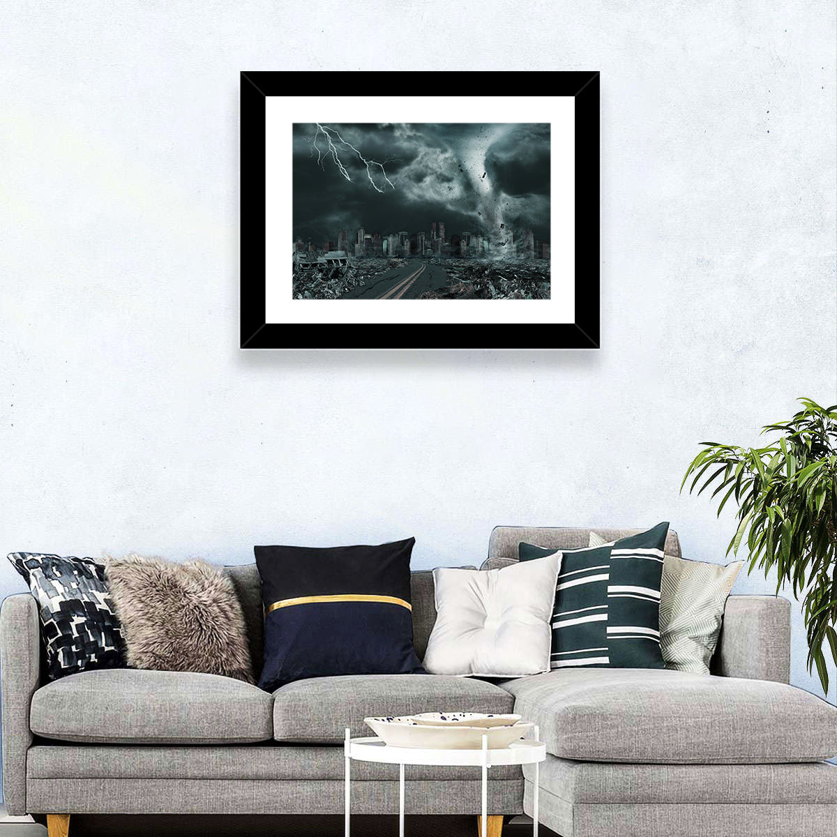 Tornado Over Destroyed City Skyline Wall Art in a room, landscape