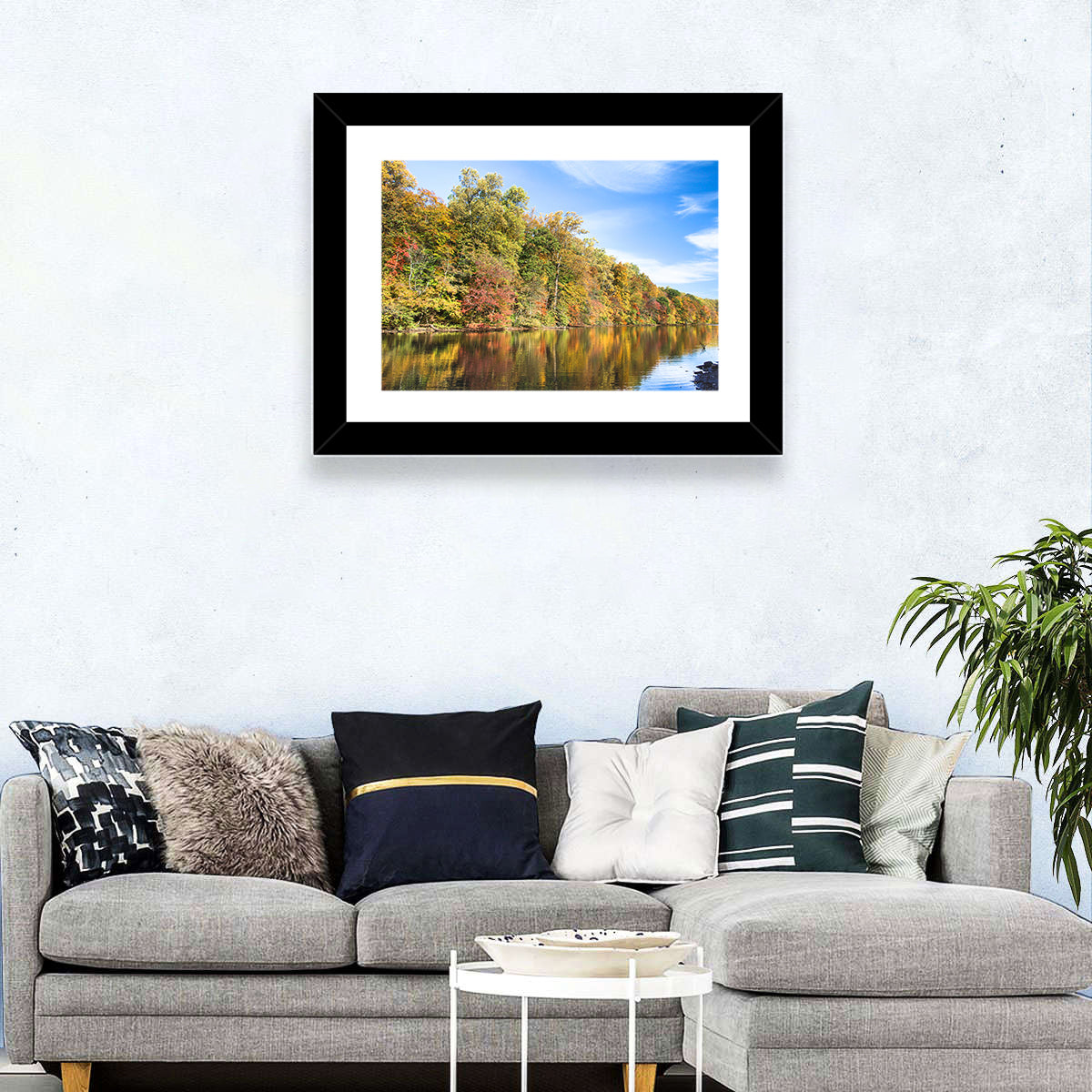 Lake Surprise Autumn Reflection Wall Art in a room, landscape