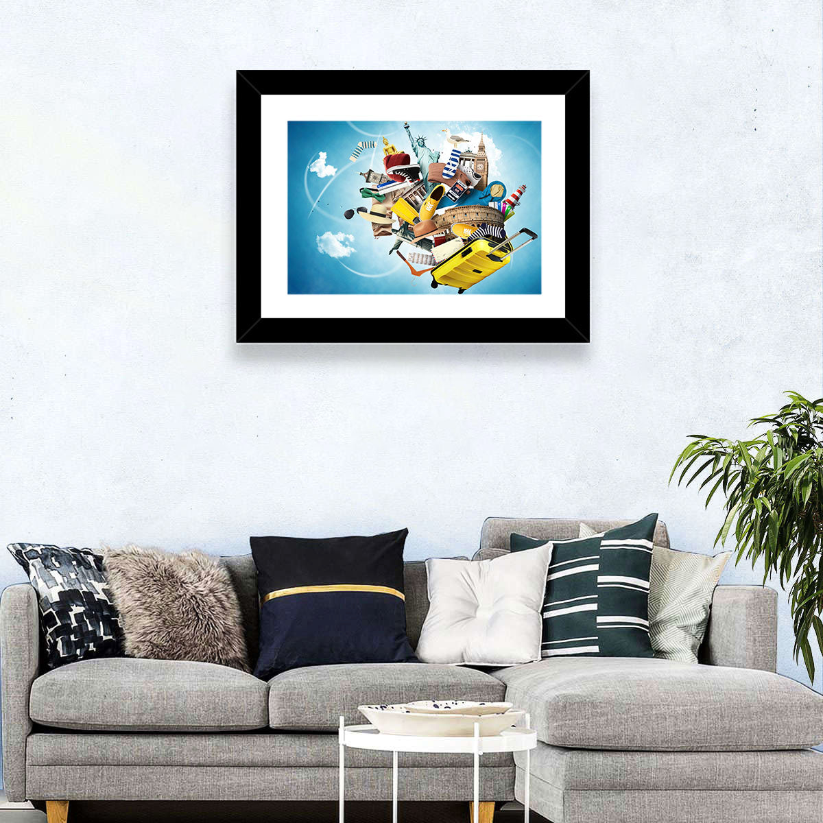 Floating Landmarks with Yellow Suitcase Wall Art in a room, landscape