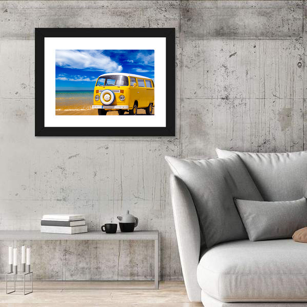 Yellow Vintage Van on Beach Wall Art