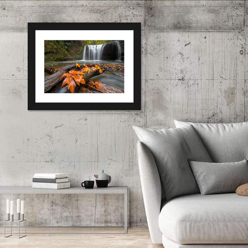 Clackamas Waterfall with Maple Leaf Wall Art in a room, landscape