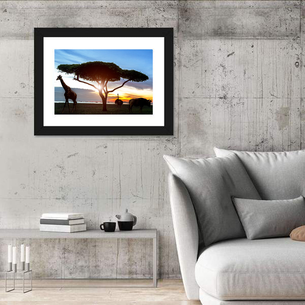 Savanna Silhouettes at Golden Hour Wall Art in a room, landscape