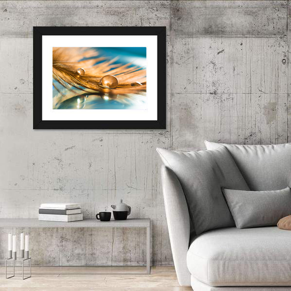 Golden Feather with Droplets Wall Art in a room, landscape